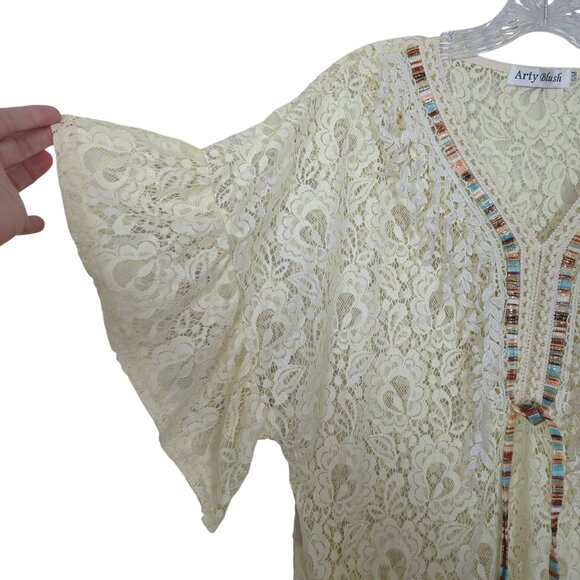 Arty Blush‎ Lace Boho Tunic Flutter ruffle short sleeve Beige Bohemian Gypsy S/M - Picture 3 of 14